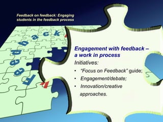 Feedback on feedback: Engaging
students in the feedback process




                                   Engagement with feedback –
                                   a work in process
                                   Initiatives:
                                   • “Focus on Feedback” guide;
                                   • Engagement/debate;
                                   • Innovation/creative
                                     approaches.
 