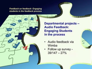Feedback on feedback: Engaging
students in the feedback process




                                   Departmental projects –
                                   Audio Feedback:
                                   Engaging Students
                                   in the process

                                   • Audio feedback via
                                     Wimba
                                   • Follow up survey -
                                     39/147 – 27%
 