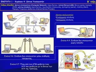 ΕΝΟΤΗΤΑ 1 – Κεφάλαιο 4: Δίκτυα Υπολογιστών                                                                  Β΄ τάξη
Λέξεις Κλειδιά: Δίκτυο υπολογιστών (Computer Network), πόροι δικτύου, τοπικό δίκτυο (LAN), δίκτυο ευρείας περιοχής
                                    (Computer Network)                               (LAN)
             (WAN), μόντεμ (modem), κάρτα δικτύου, πρωτόκολλο επικοινωνίας, εξυπηρέτης (server), πελάτης (client),
             (WAN),        (modem),                                                    (server),         (client),
             Πάροχος Υπηρεσιών Διαδικτύου (Internet Service Provider).
                                          (Internet         Provider).


                                                                    Δίκτυα υπολογιστών
                                                                    •Ενσύρματη σύνδεση
                                                                    •Ασύρματη σύνδεση




                                                                           Εικόνα 4.4: Σύνδεση δυο υπολογιστών
                                                                                       χωρίς καλώδιο




    Εικόνα 4.6: Σύνδεση δυο υπολογιστών μέσω σταθερής
                        τηλεφωνίας.


           Εικόνα 4.7: Πίσω από ένα ΑΤΜ κρύβεται ένας
                        Η/Υ που συνδέεται με το δίκτυο των
                        Η/Υ της Τράπεζας.
 
