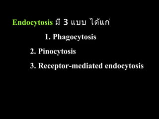 Endocytosis มี 3 แบบ ได้แ ก่
       1. Phagocytosis
     2. Pinocytosis
     3. Receptor-mediated endocytosis




                                    83
 