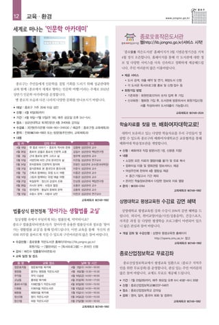 12           교육 · 환경                                                                            www.jongno.go.kr




                                                                                  종로愛書작은도서관
                                                                                  웹(http://lib.jongno.go.kr)서비스 시작!

                                                                        ‘종로愛書 작은도서관’ 홈페이지가 3월 시범운영기간을 거쳐
                                                                    4월 정식 오픈합니다. 홈페이지를 통해 각 도서관에 대한 정
                                                                    보 및 다양한 서비스를 더욱 신속하고 정확하게 제공해드립
                                                                    니다. 주민 여러분의 많은 이용바랍니다.
                                                                    ■   제공 서비스
                                                                        ●   도서 검색, 대출 예약 및 연기, 희망도서 신청
    종로구는 주민들에게 인문학을 접힐 기회를 드리기 위해 성균관대학                                 ●   각 도서관 독서프로그램 홍보 및 신청·접수 등
교와 함께 <종로에서 세계로 향하는 인문학 여행>이라는 주제로 2013년                            ■   회원가입 방법
상반기 인문학 아카데미를 운영합니다.                                                    ●   기존회원 : 회원번호(12자리 숫자) 입력 후 가입
    옛 종로의 모습과 다른 나라의 다양한 문화를 만나보시기 바랍니다.                                ●   신규회원 : 웹회원 가입 후, 도서관에 방문하셔서 회원가입신청
                                                                                  서를 작성하셔야 도서대출이 가능합니다.
■   대상 : 종로구 거주 20세 이상 성인
■   신청 : 4월 16일(화)까지                                                                                   교육체육과 ☎2148-2024
■   기간 : 4월 19일~7월 12일(주 1회), 매주 금요일 오후 3시~5시
    장소 : 성균관대학교 퇴계인문관 4층 31409호 강의실
                                                                학술자료를 찾을 땐, 배화여자대학교로!
■

■   수강료 : 3만원(우리은행 1006-901-316530 / 예금주 : 종로구청 교육체육과)
■   문의 : 전화(☎2148-1992) 또는 방문(동주민센터, 교육체육과)                      대학이 보유하고 있는 다양한 학술자료를 우리 구민들이 열
■   내용                                                          람할 수 있도록 종로구와 배화여자대학교간 교류협력을 통해
    일자              강의 주제                       강사              배화여대 학술정보관을 개방합니다.
    4월 19일   옛 종로 이야기 - 종로의 역사와 문화    김용태 성균관대 교수
    4월 26일   종로의 궁궐과 종묘의 인문학 소풍       김일수 성균관대 책임연구원
                                                                ■   신청 : 배화여대 직접 방문(사진 1장, 신분증 지참)
    5월 3일    근대 종로와 문학 그리고 삶          정우택 성균관대 교수               ■   내용
    5월 10일   서양인에 비친 근대 한국인의 삶        이진일 성균관대 연구교수                 ●   소장된 모든 자료의 열람(대출 불가) 및 유료 복사
    5월 24일   한자문화와 인문학적 창의력           전광진 성균관대 교수(문과대학장)            ●   컴퓨터실 이용 및 영화관람 정보서비스 제공
    5월 31일   음식문화로 본 중국인과 중국사회        이준식 성균관대 교수
                                                                    ●   여성주민에 한하여 4층 열람실 제공
    6월 7일    건축과 함께하는 유럽 도시 여행        이종관 성균관대 교수
    6월 14일   그림과 함께하는 유럽 예술 여행        이종관 성균관대 교수                       ※ 중간·기말고사 기간 제외
    6월 21일   독일문학 : 정신과 감성의 조화        안상원 성균관대 책임연구원                ●   온라인 학술정보관에서 다양한 정보와 자료 열람
    6월 28일   러시아 문학 : 서정과 열정          오종우 성균관대 교수               ■   문의 : ☎399-0744
    7월 5일    영국문학 : 왕실의 문화와 문학        김동욱 성균관대 교수                                                     교육체육과 ☎2148-1992
    7월 12일   프랑스 문학 : 사랑과 낭만          이찬규 성균관대 연구교수

                                            교육체육과 ☎2148-1992
                                                                상명대학교 평생교육원 수강료 감면 혜택
                                                                 상명대학교 평생교육원 강좌 수강시 20%의 감면 혜택을 드
                                                                립니다. 외국어, 취미교양(미술/사진/실용음악), 건강스포츠,
 일상생활 속에서 부딪히게 되는 법률문제, 막막하시죠?                                  자격증 과정 등 다양한 평생학습 프로그램이 마련되어 있으
종로구 법률홈닥터(변호사)가 알아두면 유용한 법률상식과 정보를 ‘찾아                          니 많은 관심과 참여 바랍니다.
가는 생활법률 교실’을 통해 알려드립니다. 이번 교육을 통해 자신의 권
                                                                ■   개설 강좌 및 수강신청 : 상명대 평생교육원 홈페이지
리와 의무를 올바르게 지킬 수 있도록 구민여러분의 많은 참여 바랍니다.
                                                                                         http://opens.smu.ac.kr 참고
■   수강신청 : 종로愛書 작은도서관 홈페이지(http://lib.jongno.go.kr)                                                   교육체육과 ☎2148-1992
             회원가입 → [열린마당] → [독서프로그램] → 온라인 신청
■   강사 : 배진수 법률홈닥터(변호사)
■   교육 일정 및 장소
                                                                종로산업정보학교 무료강좌
    동명              교육 장소                   날짜 및 시간              종로산업정보학교에서 평생교육 일환으로 <종로구 지역주
청운효자동         청운효자동 북카페              4월 3일(수) 14:00~16:00       민을 위한 무료강좌>를 운영합니다, 관심 있는 주민 여러분의
평창동           꿈꾸는 평창동 작은도서관          4월 8일(월) 13:30~15:30
                                                                많은 참여 바랍니다. 교제도 무료로 제공해 드립니다.
무악동           무악 다솜방                 4월 19일(금) 14:00~16:00
교남동           홍파랑 북카페                4월 25일(목) 15:00~17:00      ■   기간 : 7월 23일(화)까지, 매주 화요일 오후 6시 40분~8시 30분
종로5·6가동       지혜만들기 작은도서관            4월 30일(화) 13:00~15:00      ■   신청 : 종로산업정보학교(☎2237-0467)
이화동           이화마을 작은도서관             5월 10일(금) 14:00~16:00
                                                                ■   장소 : 종로산업정보학교 강의실
혜화동           혜화마을 북카페               5월 15일(수) 14:00~16:00
창신2동          창이 작은도서관               5월 24일(금) 13:00~15:00
                                                                ■   강좌 : 영어, 일어, 중국어 회화 및 컴퓨터
창신1동          하람 작은도서관               5월 27일(월) 14:00~16:00                                            교육체육과 ☎2148-1992
                                             교육체육과 ☎2148-1992
 