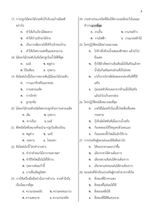 3

17. การปลูกไม้ดอกไม้ประดับไว้บริเวณบ้านมีผลดี        24. งานช่างประเภทใดที่ต้องใช้ความระมัดระวังในขณะ
    อย่างไร                                              ทางานมากที่สุด
        ก. ทาให้เก็บเกี่ยวได้สะดวก                            ก. งานปั้น                  ข. งานก่อสร้าง
        ข. ทาให้บารุงรักษาได้ง่าย                             ค. งานไฟฟ้า                 ง. งานแกะสลักไม้
        ค. เป็นการเพิ่มรายได้ให้กับเจ้าของบ้าน       25. ใครปฏิบัติตนได้อย่างเหมาะสม
        ง. ทาให้เกิดความสดชื่นและสวยงาม                      ก. ไก่ล้างสิ่วด้วยน้าผสมผงซักฟอก แล้วนาไป
18. ไม้ดอกไม้ประดับในข้อใดปลูกในน้าได้ดีที่สุด                    ผึ่งแดด
        ก. มะลิ              ข. พลูด่าง                      ข. กุ๊กใช้ผ้าเช็ดสว่านข้อเสือเมื่อใช้เสร็จแล้วทา
        ค. โป๊ยเซียน         ง. กุหลาบ                            น้ามันกันสนิมตรงส่วนที่เป็นโลหะ
19. ข้อใดต่อไปนี้เป็นการขยายพันธุ์ไม้ดอกไม้ประดับ            ค. เก๋เก็บกรรไกรตัดโลหะลงกล่องทันทีที่ใช้
        ก. การแยกหัวหรือแยกหน่อ                                   เสร็จ
        ข. การเพาะเมล็ด                                      ง. กุ๋ยถอดหัวค้อนออกจากด้ามเมื่อใช้เสร็จ
        ค. การปักชา                                               แล้วนาไปเก็บลงกล่อง
        ง. ถูกทุกข้อ                                 26. ใครปฏิบัติตนได้เหมาะสมที่สุด
20. ไม้ดอกไม้ประดับชนิดใดควรปลูกด้วยการเพาะเมล็ด             ก. เกดใช้ไม้แหย่ไปในปลั๊กไฟเพื่อเขี่ยเศษ
          ก. เข็ม            ข. กุหลาบ                            กระดาษ
          ค. ดาวเรือง         ง. มะลิ                        ข. กุ้งรีบผิดไฟทันทีเมื่ออาบน้าเสร็จ
21. พืชชนิดใดที่เหมาะที่จะนามาปลูกในห้องเรียน                ค. ก้องทดลองใช้วิทยุเทปด้วยตนเอง
          ก. พลูด่าง         ข. มะลิ                         ง. ก้อยถอดปลั๊กไฟเมื่อเลิกใช้งาน
          ค. กุหลาบ          ง. โหระพา               27. การประดิษฐ์ของเล่นเองมีข้อดีอย่างไร
22. ข้อใดต่อไปนี้ ใครทางานช่าง                               ก. ได้ของราคาแพงกว่าซื้อ
          ก. จาปาทาดอกไม้จากกระดาษสา                         ข. เลือกราคาได้ตามต้องการ
          ข. จาปีปิดไฟเมื่อไม่ได้ใช้งาน                      ค. เลือกสถานที่เล่นได้ตามต้องการ
          ค. กุหลาบซ่อมเก้าอี้                               ง. เลือกตกแต่งของเล่นได้ตามต้องการ
          ง. บานชื่นเช็ดถูโซฟา                       28. ของเล่นที่นักเรียนประดิษฐ์ควรทามาจากสิ่งใด
23. การใช้เครื่องมือมือช่างในการทางาน ควรคานึงถึง            ก. สิ่งของที่มีราคาแพง
    เรื่องใดมากที่สุด                                        ข. สิ่งของที่ไม่ค่อยได้ใช้
          ก. ความปลอดภัย           ข. ความคงทนถาวร           ค. สิ่งของเหลือใช้
          ค. ความสะอาด             ง. ความประหยัด            ง. สิ่งของที่มีสีสันสวยงาม
 