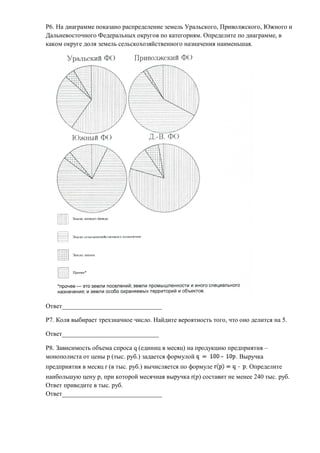 Р6. На диаграмме показано распределение земель Уральского, Приволжского, Южного и
Дальневосточного Федеральных округов по категориям. Определите по диаграмме, в
каком округе доля земель сельскохозяйственного назначения наименьшая.




Ответ_______________________________

Р7. Коля выбирает трехзначное число. Найдите вероятность того, что оно делится на 5.

Ответ______________________________

Р8. Зависимость объема спроса q (единиц в месяц) на продукцию предприятия –
монополиста от цены p (тыс. руб.) задается формулой              . Выручка
предприятия в месяц r (в тыс. руб.) вычисляется по формуле           . Определите
наибольшую цену p, при которой месячная выручка r(p) составит не менее 240 тыс. руб.
Ответ приведите в тыс. руб.
Ответ_______________________________
 