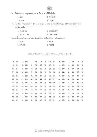 402
98. เมื่อตองการ Change Drive จาก C ไป A ควรใชคําสั่งดัง
          1. A:C:                              2. A:>C:A:
          3. C:>A:                            4. C:>A:C:
99. ถาผูใชตองการทราบวาใน Drive C ของเครื่องคอมพิวเตอรมีไฟลขอมูล STUDY.DOC หรือไม
    ควรใชคําสั่งใด
          1. CHKDSK                            2. DISKCOPY
          3. DIRECTORY                         3. DISKCOM
100. เครื่องคอมพิวเตอรจะโหลด (Load) DOS ลงในหนวยความจําประเภทใด
          1. ROM                               2. RAM
          3. EPROM                             4. PROM


                        เฉลยแนวขอสอบบรรจุครูผูชวย วิชาเอกคอมพิวเตอร ชุดที่ 4

 1.   (3)    2.   (1)      3.   (3)      4.   (3)     5.   (2)     6.   (3)     7.   (3)    8.   (2)
 9.   (1)   10.   (1)     11.   (3)     12.   (2)    13.   (1)    14.   (3)    15.   (4)   16.   (1)
17.   (1)   18.   (1)     19.   (2)     20.   (1)    21.   (4)    22.   (3)    23.   (3)   24.   (3)
25.   (3)   26.   (1)     27.   (2)     28.   (2)    29.   (4)    30.   (4)    31.   (4)   32.   (3)
33.   (1)   34.   (2)     35.   (4)     36.   (3)    37.   (3)    38.   (3)    39.   (3)   40.   (1)
41.   (3)   42.   (2)     43.   (3)     44.   (4)    45.   (1)    46.   (3)    47.   (3)   48.   (3)
49.   (4)   50.   (2)     51.   (2)     52.   (1)    53.   (2)    54.   (4)    55.   (2)   56.   (1)
57.   (1)   58.   (3)     59.   (3)     60.   (3)    61.   (3)    62.   (1)    63.   (1)   64.   (3)
65.   (1)   66.   (2)     67.   (4)     68.   (4)    69.   (2)    70.   (3)    71.   (4)   72.   (2)
73.   (3)   74.   (1)     75.   (1)     76.   (3)    77.   (1)    78.   (2)    79.   (3)   80    (1)
81.   (4)   82.   (3)     83.   (1)     84.   (3)    85.   (2)    86.   (1)    87.   (1)   88.   (3)
89.   (1)   90.   (1)     91.   (3)     92.   (3)    93.   (1)    94.   (2)    95.   (1)   96.   (3)




                                      แนวขอสอบบรรจุครูผูชวย: สอบครูดอทคอม
 