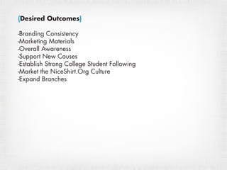 {Desired Outcomes}
-Branding Consistency
-Marketing Materials
-Overall Awareness
-Support New Causes
-Establish Strong College Student Following
-Market the NiceShirt.Org Culture
-Expand Branches
 