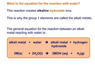 What is the equation for the reaction with water?

This reaction creates alkaline hydroxide ions.

This is why the group 1 elements are called the alkali metals.


The general equation for the reaction between an alkali
metal reacting with water is:


 alkali metal + water       alkali metal + hydrogen
                             hydroxide

     2M(s)     + 2H2O(l)       2MOH (aq) +       H2(g)
 