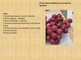 China: Oportunidades para productos
agrícolas
Uvas
 Cosecha peruana en contra estación.
 China: Agosto – Octubre
 Perú: Noviembre - Febrero
 Ventana comercial importante: Año Nuevo
Chino.
 Preferencia por uva red globe, color rosado
 Arancel China:
 cero en 2015.
 
