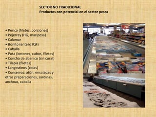 SECTOR NO TRADICIONAL
Productos con potencial en el sector pesca
• Perico (filetes, porciones)
• Pejerrey (HG, mariposa)
• Calamar
• Bonito (entero IQF)
• Caballa
• Pota (botones, cubos, filetes)
• Concha de abanico (sin coral)
• Tilapia (filetes)
• Langostinos (colas)
• Conservas: atún, ensaladas y
otras preparaciones, sardinas,
anchoas, caballa
 