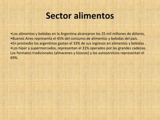 Sector alimentos
•Los alimentos y bebidas en la Argentina alcanzaron los 25 mil millones de dólares,
•Buenos Aires representa el 45% del consumo de alimentos y bebidas del país.
•En promedio los argentinos gastan el 33% de sus ingresos en alimentos y bebidas .
•Los hiper y supermercados, representan el 31% operados por las grandes cadenas.
Los formatos tradicionales (almacenes y kioscos) y los autoservicios representan el
69%.
 
