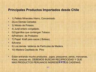 207
Volver
Principales Productos Importados desde Chile
• 1) Pellets Minerales Hierro, Concentrado
• 2)Los Demàs Cereales
• 3) Nitrato de Potasio.
• 4) Jurel entero congelado.
• 5)Cigarrillos que contengan Tabaco.
• 6)Polimero de Prolipeno
• 7) Papel Kraft para sacos ( Bolsas).
• 8)Avena
• 9) Los demàs tableros de Partìculas de Madera.
• 10) Madera Cepillada de Pino
• Están entrando mucho productos , jugos, pesqueros, peras, manzanas,
Kiwis, cerezas etc. DEBEMOS BUSCAR RECIPROCIDAD Y QUE
MAS PRODUCTOS PERUANOS INGRESEN A SUS CADENAS.
 