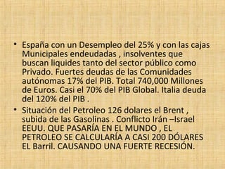 • España con un Desempleo del 25% y con las cajas
Municipales endeudadas , insolventes que
buscan liquides tanto del sector público como
Privado. Fuertes deudas de las Comunidades
autónomas 17% del PIB. Total 740,000 Millones
de Euros. Casi el 70% del PIB Global. Italia deuda
del 120% del PIB .
• Situación del Petroleo 126 dolares el Brent ,
subida de las Gasolinas . Conflicto Irán –Israel
EEUU. QUE PASARÍA EN EL MUNDO , EL
PETROLEO SE CALCULARÍA A CASI 200 DÓLARES
EL Barril. CAUSANDO UNA FUERTE RECESIÓN.
 