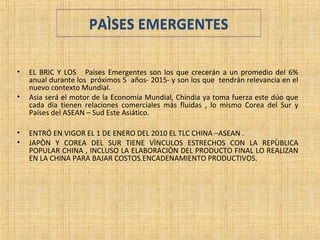 PAÌSES EMERGENTESPAÌSES EMERGENTES
• EL BRIC Y LOS Países Emergentes son los que crecerán a un promedio del 6%
anual durante los próximos 5 años- 2015- y son los que tendrán relevancia en el
nuevo contexto Mundial.
• Asia será el motor de la Economía Mundial, Chindia ya toma fuerza este dúo que
cada día tienen relaciones comerciales más fluidas , lo mismo Corea del Sur y
Países del ASEAN – Sud Este Asiático.
• ENTRÓ EN VIGOR EL 1 DE ENERO DEL 2010 EL TLC CHINA –ASEAN .
• JAPÒN Y COREA DEL SUR TIENE VÌNCULOS ESTRECHOS CON LA REPÙBLICA
POPULAR CHINA , INCLUSO LA ELABORACIÒN DEL PRODUCTO FINAL LO REALIZAN
EN LA CHINA PARA BAJAR COSTOS.ENCADENAMIENTO PRODUCTIVOS.
 