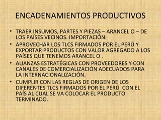 ENCADENAMIENTOS PRODUCTIVOS
• TRAER INSUMOS, PARTES Y PIEZAS – ARANCEL O – DE
LOS PAÍSES VECINOS. IMPORTACIÓN.
• APROVECHAR LOS TLCS FIRMADOS POR EL PERÚ Y
EXPORTAR PRODUCTOS CON VALOR AGREGADO A LOS
PAÍSES QUE TENEMOS ARANCEL O .
• ALIANZAS ESTRATÉGICAS CON PROVEEDORES Y CON
CANALES DE COMERCIALIZACIÓN ADECUADOS PARA
LA INTERNACIONALIZACIÓN.
• CUMPLIR CON LAS REGLAS DE ORIGEN DE LOS
DIFERENTES TLCS FIRMADOS POR EL PERÚ CON EL
PAÍS AL CUAL SE VA COLOCAR EL PRODUCTO
TERMINADO.
 