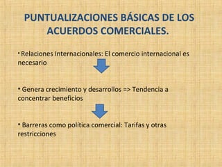 PUNTUALIZACIONES BÁSICAS DE LOS
ACUERDOS COMERCIALES.
• Relaciones Internacionales: El comercio internacional es
necesario
• Genera crecimiento y desarrollos => Tendencia a
concentrar beneficios
• Barreras como política comercial: Tarifas y otras
restricciones
 