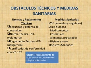 OBSTÁCULOS TÉCNICOS Y MEDIDAS
SANITARIAS
Normas y Reglamentos
Técnicos
Seguridad y defensa del
consumidor
Norma Técnica –NT-
(voluntaria)
Reglamento Técnico –RT-
(obligatorio)
Certificados de conformidad
con NT o RT
Medidas Sanitarias
MSF (animales y vegetales)
Salud humana
- Medicamentos
- Cosméticos
- Alimentos procesados
- Higiene y aseo
Registros Sanitarios
Objetivo: Reconocimiento de
•Certificados de Conformidad
•Registros Sanitarios
 