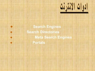 Search Engines
Search Directories
Meta Search Engines
Portals
 