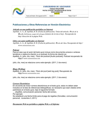 UNIVERSIDAD DE SANTANDER
Campus Virtual UDES
PAUTAS. CITACIÓN Y REFERENCIACIÓN DE TEXTOS
SEGÚN NORMAS APA
DI-PA-016
Fecha de Emisión: 25 de agosto de 2012 Versión: 1 Página 12 de 17
Publicaciones y Otras Referencias en Versión Electrónica
Artículo en una publicación periódica en Internet
Apellido, A. A., & Apellido, B. B. (Fecha de publicación). Título del artículo. Título de la
Revista electrónica, número de volumen (número de revista si hay). Recuperado de
http://dirección de la página Web.
Libro con autor publicados en Internet
Apellido, A. A., & Apellido, B. B. (Fecha de publicación). Título del libro. Recuperado de http://
www.xxxxxxxxxx.xxx
Podcast
Para el caso que el autor del texto guía incluya como documentos anexos o enlaces
temáticos o realice la citación a un podcast, la forma de citación es:
Apellido, A. (año, día, mes). Título del podcast [Audio podcast]. Podcast recuperado de
htpp:// www.xxxxxxxxxx.xxx
(año, día, mes) se relaciona como este ejemplo: (2011, 5 de enero)
Blogs (Weblog)
Apellido, A. (año, día, mes). Título del post [web log post]. Recuperado de
htpp://www.xxxxxxxxxx.xxx
(año, día, mes) se relaciona como este ejemplo: (2011, 5 de enero)
Correos Electrónicos
En el evento de incluir correos electrónicos en el texto guía, estos no deben estar
incluidos en la lista de referencias bibliográficas; es necesario que sean citados entre
paréntesis en el texto guía, bajo el siguiente formato:
… (Apellido, comunicación personal, fecha del correo).
Por ejemplo:
Se estableció una fecha límite para el pago de regalías (González, comunicación
personal, noviembre 3, 2011)
Documento Web no periódica o página Web, o el Informe
 