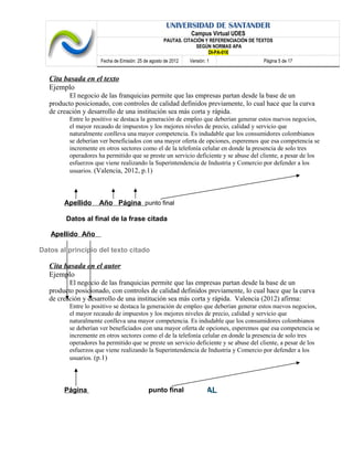 UNIVERSIDAD DE SANTANDER
Campus Virtual UDES
PAUTAS. CITACIÓN Y REFERENCIACIÓN DE TEXTOS
SEGÚN NORMAS APA
DI-PA-016
Fecha de Emisión: 25 de agosto de 2012 Versión: 1 Página 5 de 17
Cita basada en el texto
Ejemplo
El negocio de las franquicias permite que las empresas partan desde la base de un
producto posicionado, con controles de calidad definidos previamente, lo cual hace que la curva
de creación y desarrollo de una institución sea más corta y rápida.
Entre lo positivo se destaca la generación de empleo que deberían generar estos nuevos negocios,
el mayor recaudo de impuestos y los mejores niveles de precio, calidad y servicio que
naturalmente conlleva una mayor competencia. Es indudable que los consumidores colombianos
se deberían ver beneficiados con una mayor oferta de opciones, esperemos que esa competencia se
incremente en otros sectores como el de la telefonía celular en donde la presencia de solo tres
operadores ha permitido que se preste un servicio deficiente y se abuse del cliente, a pesar de los
esfuerzos que viene realizando la Superintendencia de Industria y Comercio por defender a los
usuarios. (Valencia, 2012, p.1)
Cita basada en el autor
Ejemplo
El negocio de las franquicias permite que las empresas partan desde la base de un
producto posicionado, con controles de calidad definidos previamente, lo cual hace que la curva
de creación y desarrollo de una institución sea más corta y rápida. Valencia (2012) afirma:
Entre lo positivo se destaca la generación de empleo que deberían generar estos nuevos negocios,
el mayor recaudo de impuestos y los mejores niveles de precio, calidad y servicio que
naturalmente conlleva una mayor competencia. Es indudable que los consumidores colombianos
se deberían ver beneficiados con una mayor oferta de opciones, esperemos que esa competencia se
incremente en otros sectores como el de la telefonía celular en donde la presencia de solo tres
operadores ha permitido que se preste un servicio deficiente y se abuse del cliente, a pesar de los
esfuerzos que viene realizando la Superintendencia de Industria y Comercio por defender a los
usuarios. (p.1)
6.2. CITA DE PARAFRASEO O NO LITERAL
Apellido Año Página punto final
Datos al final de la frase citada
Apellido Año
Datos al principio del texto citado
Página punto final
 