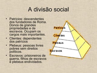 A divisão social
• Patrícios: descendentes
dos fundadores de Roma.
Donos de grandes
propriedades e de
escravos. Ocupam os
cargos mais importantes.
• Clientes: dependentes
dos patrícios
• Plebeus: pessoas livres
pobres sem direitos
políticos.
• Escravos: prisioneiros de
guerra, filhos de escravos
e plebeus endividados.
 