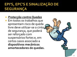  Protecção contra Quedas
 Em todos os trabalhos que
apresentam risco de queda
livre deve utilizar-se o cinto
de segurança, que poderá
ser reforçado com
suspensórios fortes e, em
certos casos associado a
dispositivos mecânicos
amortecedores de quedas.
33
 