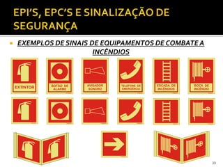  EXEMPLOS DE SINAIS DE EQUIPAMENTOS DE COMBATE A
INCÊNDIOS
39
EXTINTOR
BOCA DE
INCÊNDIO
TELEFONE DE
EMERGÊNCIA
AVISADOR
SONORO
BOTÃO DE
ALARME
ESCADA DE
INCÊNDIOS
 