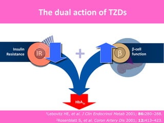 +
HbA1c
Insulin
Resistance IR
-cell
function
Lebovitz HE, et al. J Clin Endocrinol Metab 2001; 86:280–288.
The dual action of TZDs
1Lebovitz HE, et al. J Clin Endocrinol Metab 2001; 86:280–288.
2Rosenblatt S, et al. Coron Artery Dis 2001; 12:413–423.
 