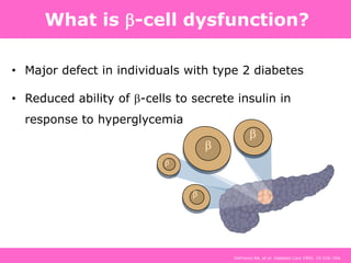 What is -cell dysfunction?
• Major defect in individuals with type 2 diabetes
• Reduced ability of -cells to secrete insulin in
response to hyperglycemia




DeFronzo RA, et al. Diabetes Care 1992; 15:318–354.
 