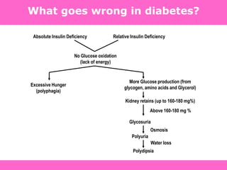 Absolute Insulin Deficiency Relative Insulin Deficiency
No Glucose oxidation
(lack of energy)
Excessive Hunger
(polyphagia)
More Glucose production (from
glycogen, amino acids and Glycerol)
Kidney retains (up to 160-180 mg%)
Above 160-180 mg %
Glycosuria
Polyuria
Osmosis
Water loss
Polydipsia
What goes wrong in diabetes?
 