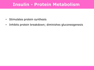 • Stimulates protein synthesis
• Inhibits protein breakdown; diminishes gluconeogenesis
Insulin - Protein Metabolism
 