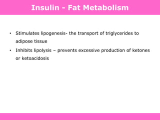 • Stimulates lipogenesis- the transport of triglycerides to
adipose tissue
• Inhibits lipolysis – prevents excessive production of ketones
or ketoacidosis
Insulin - Fat Metabolism
 
