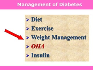 Definition, Diagnosis and Classification of Diabetes Mellitus and its Complications. Department of Noncommunicable Disease Surveillance,
World Health Organization, Geneva 1999. Available at: http://www.diabetes.org.uk/infocentre/carerec/diagnosi.doc
Management of Diabetes
 Diet
 Exercise
 Weight Management
 OHA
 Insulin
 