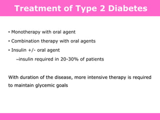 Definition, Diagnosis and Classification of Diabetes Mellitus and its Complications. Department of Noncommunicable Disease Surveillance,
World Health Organization, Geneva 1999. Available at: http://www.diabetes.org.uk/infocentre/carerec/diagnosi.doc
Treatment of Type 2 Diabetes
• Monotherapy with oral agent
• Combination therapy with oral agents
• Insulin +/- oral agent
–insulin required in 20-30% of patients
With duration of the disease, more intensive therapy is required
to maintain glycemic goals
 