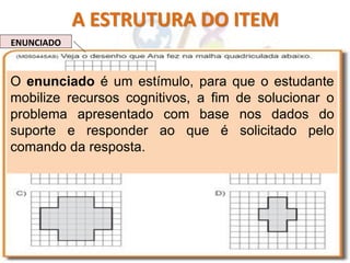 A ESTRUTURA DO ITEM
ENUNCIADO
O enunciado é um estímulo, para que o estudante
mobilize recursos cognitivos, a fim de solucionar o
problema apresentado com base nos dados do
suporte e responder ao que é solicitado pelo
comando da resposta.
 