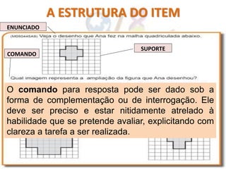A ESTRUTURA DO ITEM
ENUNCIADO
SUPORTE
COMANDO
O comando para resposta pode ser dado sob a
forma de complementação ou de interrogação. Ele
deve ser preciso e estar nitidamente atrelado à
habilidade que se pretende avaliar, explicitando com
clareza a tarefa a ser realizada.
 
