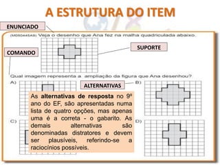 A ESTRUTURA DO ITEM
ENUNCIADO
SUPORTE
COMANDO
ALTERNATIVAS
As alternativas de resposta no 9º
ano do EF, são apresentadas numa
lista de quatro opções, mas apenas
uma é a correta - o gabarito. As
demais alternativas são
denominadas distratores e devem
ser plausíveis, referindo-se a
raciocínios possíveis.
 