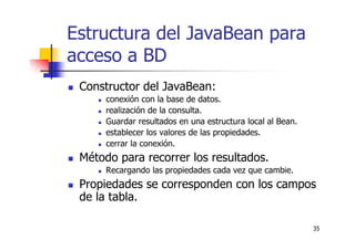 35
Estructura del JavaBean para
acceso a BD
Constructor del JavaBean:
conexión con la base de datos.
realización de la consulta.
Guardar resultados en una estructura local al Bean.
establecer los valores de las propiedades.
cerrar la conexión.
Método para recorrer los resultados.
Recargando las propiedades cada vez que cambie.
Propiedades se corresponden con los campos
de la tabla.
 