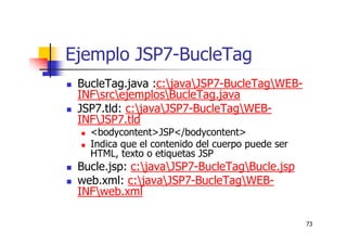 73
Ejemplo JSP7-BucleTag
BucleTag.java :c:javaJSP7-BucleTagWEB-
INFsrcejemplosBucleTag.java
JSP7.tld: c:javaJSP7-BucleTagWEB-
INFJSP7.tld
<bodycontent>JSP</bodycontent>
Indica que el contenido del cuerpo puede ser
HTML, texto o etiquetas JSP
Bucle.jsp: c:javaJSP7-BucleTagBucle.jsp
web.xml: c:javaJSP7-BucleTagWEB-
INFweb.xml
 