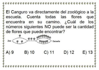 El Canguro va directamente del zoológico a la
escuela. Cuenta todas las flores que
encuentra en su camino. ¿Cuál de los
números siguientes NO puede ser la cantidad
de flores que puede encontrar?
A) 9 B) 10 C) 11 D) 12 E) 13
 