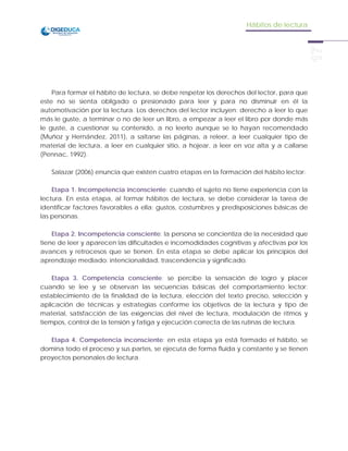 Hábitos de lectura
18
La formación del hábito de lectura demanda las siguientes condiciones (Martínez,
et. al., 2010): (a)...