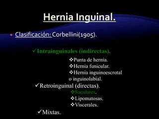  Clasificación: Corbellini(1905).
Intrainguinales (indirectas).
Punta de hernia.
Hernia funicular.
Hernia inguinoescrotal
o inguinolabial.
Retroinguinal (directas).
Saculares.
Lipomatosas.
Viscerales.
Mixtas.
 