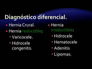  Hernia Crural.
 Hernia reductible:
 Varicocele.
 Hidrocele
congenito.
 Hernia
irreductible:
 Hidrocele
 Hematocele
 Adenitis
 Lipomas.
 