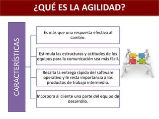 ¿QUÉ ES LA AGILIDAD?
CARACTERÍSTICAS
Es más que una respuesta efectiva al
cambio.
Estimula las estructuras y actitudes de los
equipos para la comunicación sea más fácil.
Resalta la entrega rápida del software
operativo y le resta importancia a los
productos de trabajo intermedio.
Incorpora al cliente una parte del equipo de
desarrollo.
 