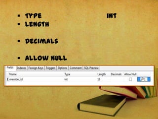  Type int
Length
Decimals
Allow Null
