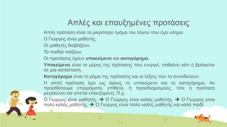 Απιέο θαη επαπμεκέλεο πξνηάζεηο
Απιή πξόηαζε είλαη ην κηθξόηεξν ηκήκα ηνπ ιόγνπ πνπ έρεη λόεκα.
Ο Γηώξγνο είλαη καζεηήο.
Οη καζεηέο δηαβάδνπλ.
Τα παηδηά παίδνπλ.
Οη πξνηάζεηο έρνπλ ςποκείμενο θαη καηηγόπημα.
Υποκείμενο είλαη ην κέξνο ηεο πξόηαζεο πνπ ελεξγεί, παζαίλεη θάηη ή βξίζθεηαη
ζε κηα θαηάζηαζε.
Καηηγόπημα είλαη ην ξήκα ηεο πξόηαζεο θαη νη ιέμεηο πνπ ην ζπλνδεύνπλ.
Η απιή πξόηαζε έρεη σο όξνπο ην ππνθείκελν θαη ην θαηεγόξεκα, Αλ
πξνζζέζνπκε επηξξήκαηα, επίζεηα, ή πξνζδηνξηζκνύο, ηόηε ε πξόηαζε
κεγαιώλεη θαη γίλεηαη επαπμεκέλε. Π.ρ.
Ο Γηώξγνο είλαη καζεηήο.  Ο Γηώξγνο είλαη θαιόο καζεηήο.  Ο Γηώξγνο είλαη
πνιύ θαιόο καζεηήο.  Ο Γηώξγνο είλαη πνιύ θαιόο καζεηήο θαη θαιό παηδί.
 