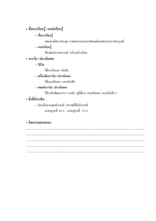 • สื่อการเรียนรู / แหลงเรียนรู
- สื่อการเรียนรู
เพลงองคพระประมุข ภาพพระบรมฉายาลักษณของพระบรมวงศานุวงศ
- แหลงเรียนรู
หองจัดประสบการณ / บริเวณโรงเรียน
• การวัด / ประเมินผล
- วิธีวัด
ใชการสังเกต / บันทึก
- เครื่องมือการวัด / ประเมินผล
ใชแบบสังเกต / แบบบันทึก
- เกณฑการวัด / ประเมินผล
ใชระดับพัฒนาการ 3 ระดับ (ดูไดจาก แบบสังเกต / แบบบันทึก )
• สิ่งที่ประเมิน
- ประเมินตามจุดประสงค / สภาพที่พึงประสงค
มาตรฐานที่ 9/1/1 , มาตรฐานที่ 3/1/2 ,
• กิจกรรมเสนอแนะ
...........................................................................................................................................................................
...........................................................................................................................................................................
...........................................................................................................................................................................
...........................................................................................................................................................................
...........................................................................................................................................................................
 