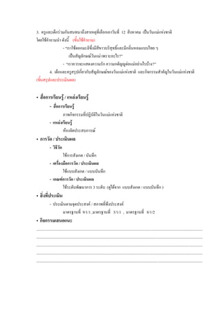 3. ครูและเด็กรวมกันสนทนาถึงสาเหตุที่เลือกเอาวันที่ 12 สิงหาคม เปนวันแมแหงชาติ
โดยใชคําถามนํา ดังนี้ (ขั้นใชคําถาม)
- “เราใชดอกมะลิซึ่งมีสีขาวบริสุทธิ์และมีกลิ่นหอมแบบไทย ๆ
เปนสัญลักษณวันแม เพราะอะไร?”
- “เราควรจะแสดงความรัก ความกตัญูตอแมอยางไรบาง?”
4. เด็กและครูสรุปเกี่ยวกับสัญลักษณของวันแมแหงชาติ และกิจกรรมสําคัญในวันแมแหงชาติ
(ขั้นสรุปและประเมินผล)
• สื่อการเรียนรู / แหลงเรียนรู
- สื่อการเรียนรู
ภาพกิจกรรมที่ปฏิบัติในวันแมแหงชาติ
- แหลงเรียนรู
หองจัดประสบการณ
• การวัด / ประเมินผล
- วิธีวัด
ใชการสังเกต / บันทึก
- เครื่องมือการวัด / ประเมินผล
ใชแบบสังเกต / แบบบันทึก
- เกณฑการวัด / ประเมินผล
ใชระดับพัฒนาการ 3 ระดับ (ดูไดจาก แบบสังเกต / แบบบันทึก )
• สิ่งที่ประเมิน
- ประเมินตามจุดประสงค / สภาพที่พึงประสงค
มาตรฐานที่ 9/1/1 ,มาตรฐานที่ 3/1/1 , มาตรฐานที่ 8/1/2
• กิจกรรมเสนอแนะ
...........................................................................................................................................................................
...........................................................................................................................................................................
...........................................................................................................................................................................
...........................................................................................................................................................................
...........................................................................................................................................................................
 