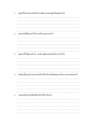 1. ชุมชนที่ประสบความสําเร็จในการพัฒนาทางเศรษฐกิจ คือชุมชนอะไร
2. ชุมชนเคยมีปัญหาอะไรบ้าง และมีสาเหตุมาจากอะไร
3. ชุมชนแก้ไขปัญหาอย่างไร และมีการพัฒนาอย่างต่อเนื่อง อย่างไรบ้าง
4. ปัจจุบันนี้ชุมชนประสบความสําเร็จในเรื่องใด มีผลดีต่อชุมชน สังคม และประเทศอย่างไร
5. บทสรุปสําคัญ หรือข้อคิดที่นักเรียนได้รับ คืออะไร
 