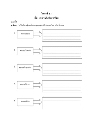 ใบงานที่ 2.4
เรื่อง สหกรณ์ในประเทศไทย
ตอนที่ 1
คําชี้แจง ให้นักเรียนอธิบายลักษณะของสหกรณ์ในประเทศไทย แต่ละประเภท
1.
2.
3.
4.
5.
สหกรณ์จํากัด
สหกรณ์ไม่จํากัด
สหกรณ์การเกษตร
สหกรณ์ประมง
สหกรณ์ที่ดิน
 
