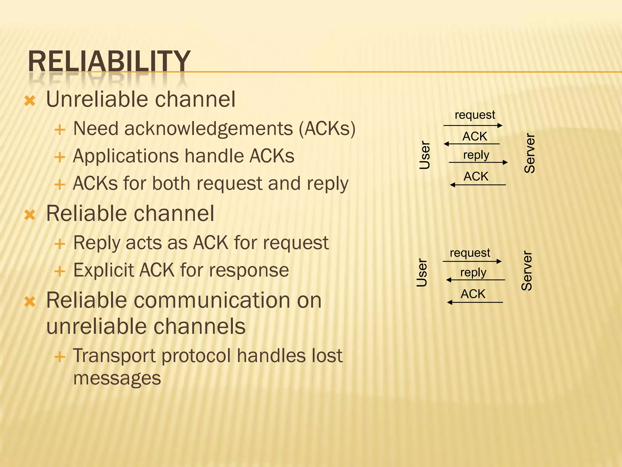 RELIABILITY
 Unreliable channel
 Need acknowledgements (ACKs)
 Applications handle ACKs
 ACKs for both request and reply
 Reliable channel
 Reply acts as ACK for request
 Explicit ACK for response
 Reliable communication on
unreliable channels
 Transport protocol handles lost
messages
request
ACK
reply
ACK
User
Server
request
reply
ACK
User
Server
 