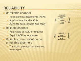 RELIABILITY
 Unreliable channel
 Need acknowledgements (ACKs)
 Applications handle ACKs
 ACKs for both request and reply
 Reliable channel
 Reply acts as ACK for request
 Explicit ACK for response
 Reliable communication on
unreliable channels
 Transport protocol handles lost
messages
request
ACK
reply
ACK
User
Server
request
reply
ACK
User
Server
 